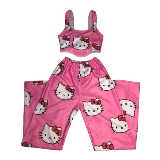 komplet krótki top bez ramiączek i spodnie różowe z hello kitty